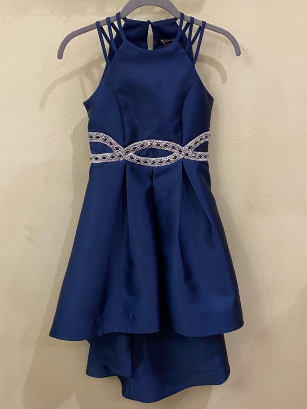 Xtraordinary Navy High-Low Halter Dress with Beaded Waist